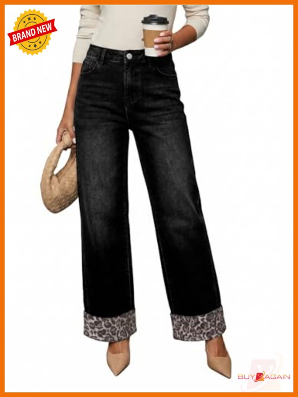 Wide Leg Leopard Jeans High Waisted Stretch Denim Pants